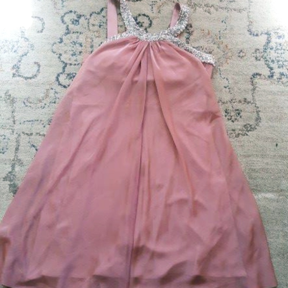 Scarlett Salmon color dress.
